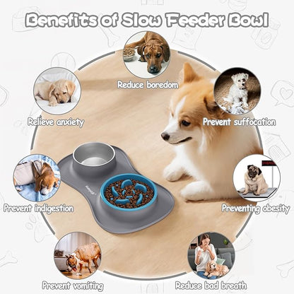 MateeyLife Dog Food and Water Bowl Set 3 in 1, Slow Feeder Dog Bowls & Stainless Steel Water Bowl with Non-Spill Silicone Mat, Cat and Puppy Bowls Pet Dishes for Small Medium Large Breed Anti-Choking