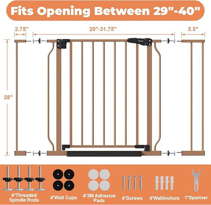29"-40" Baby Gate for Stairs, Auto Close Stroller Friendly Dog Gate Indoor for Doorways, Pressure Mounted Baby Gate, Easy Walk Through Gate for Children & Pets, Brown