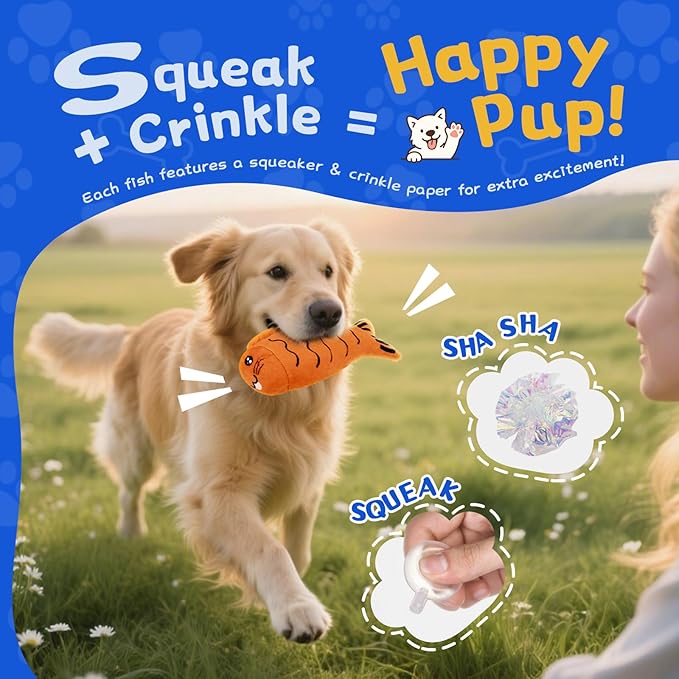 lilfrd Squeaky Dog Toys for Small Dogs & Puppy – 3 Pack Fish Crinkle Squeak Pet Toys for Interactive Play, Boredom Relief & Teeth Cleaning