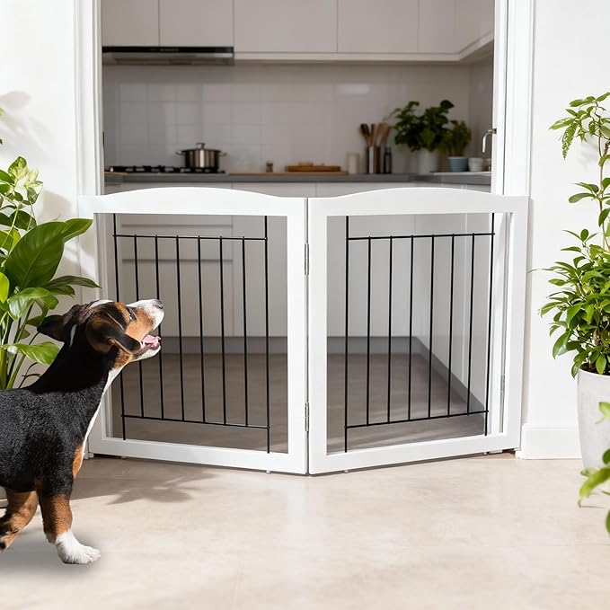 ZJSF Freestanding Foldable Dog Gate for House Extra Wide Wooden White Indoor Puppy Gate Stairs Pet Gates Doorways Pet Gate Tall Dog Fence 2 Panels