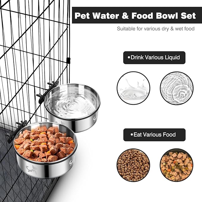 Dog Crate Water Bowl No Spill, Dog Crate Bowls Hanging 2 Pack, Kennel Water Bowl Mountable, Stainless Steel Coop Cup, Pet Cage Accessories, Food Dish Feeder for Cat Puppy Rabbit Bunny Bird Ferret