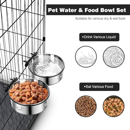 Dog Crate Water Bowl No Spill, Dog Crate Bowls Hanging 2 Pack, Kennel Water Bowl Mountable, Stainless Steel Coop Cup, Pet Cage Accessories, Food Dish Feeder for Cat Puppy Rabbit Bunny Bird Ferret