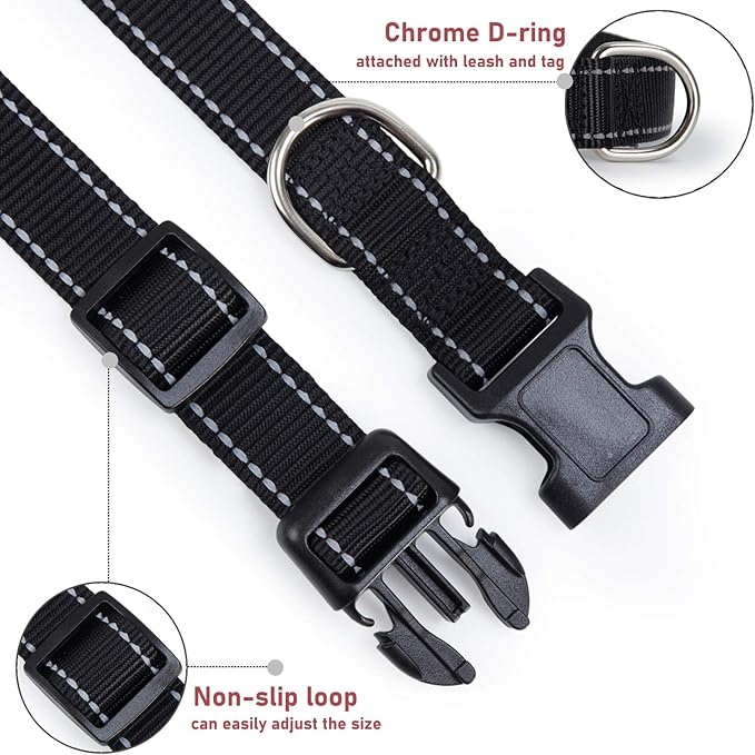 Reflective Dog Collar with Buckle Adjustable Safety Nylon Collars for Small Medium Large Dogs, Black XXS