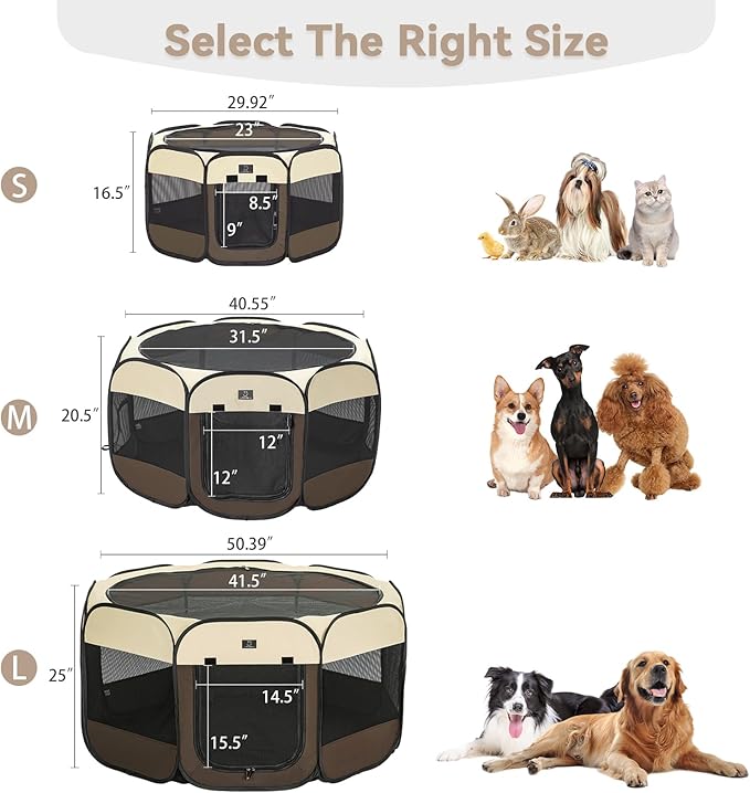 Dog Playpen for Small Dogs & Puppies, 40.55" Portable Indoor Outdoor Puppy Playpen with Bowl, Waterproof Floor, Foldable Pop-Up Pet Pen for Home, Travel & Daily Use, Brown+Beige