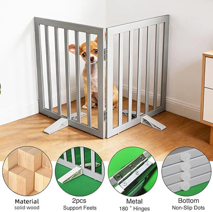 ZJSF Freestanding Indoor Dog Gate for House Foldable Wood Puppy Gate for Doorways Pet Gate for Stairs Extra Wide Pet Fence, Grey, 32" Height 2 Panels