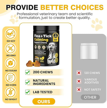 Dog Flea and Tick Treatment Chewable with Calming Supplements 200 Count Oral Fleas Ticks Chewables Support Suitable for All Breeds Ages Reduces Anxiety, Itch, and Sleep Support - Chicken Flavor