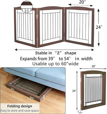 ZJSF Freestanding Foldable Dog Gate for House Extra Wide Wooden Brown Puppy Gate Stairs Dog Gates Doorways Tall Pet Gate 24 "Height 3 Panels Pet Fence