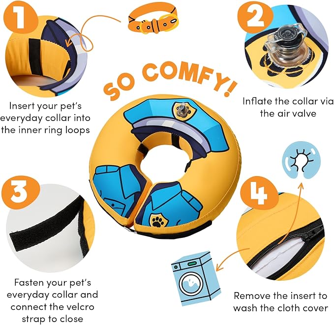 BENCMATE Inflatable Dog Cone Collar Alternative, Soft Dog Cone for Small Medium Large Dogs and Cats, Neck Recovery ECollar Donut Collar After Surgery (Large+, Police Officer)