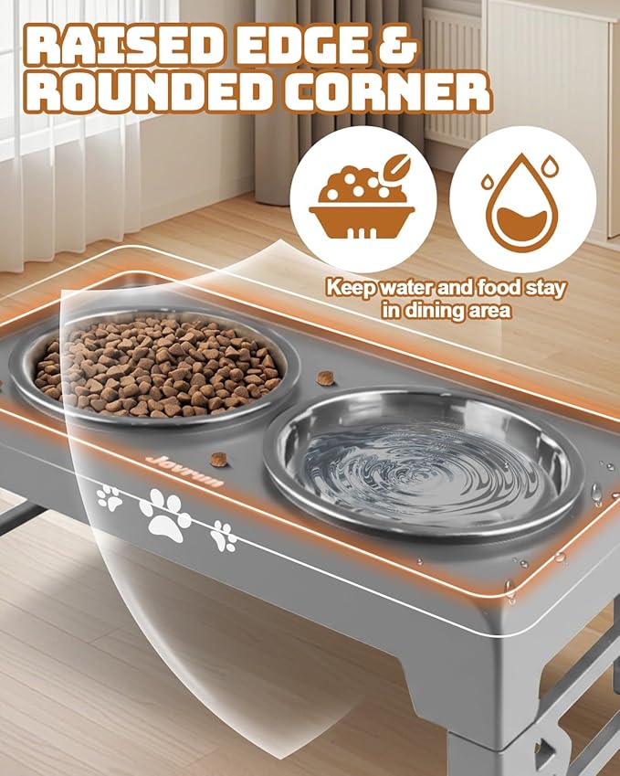 Jovrun Elevated Dog Bowls for Small Dogs and Cats, Non-Slip Cat Bowls with 2 Thick 5.5" Stainless Steel Dishes, Dog Feeder 2 Heights Adjustable to 2.6"-5.3"