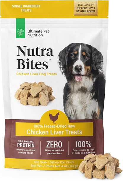 ULTIMATE PET NUTRITION Nutra Bites Freeze Dried Raw Single Ingredient Training Treats Food Topper for Dogs, 4 Ounces, Chicken Liver