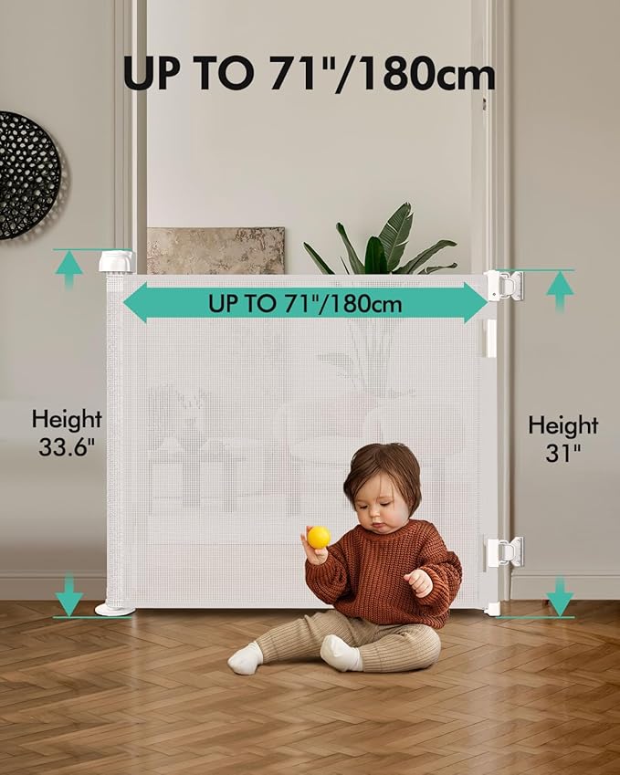 Retractable Baby Gates, Mesh Dog Gate for Doorways, 33.6" Tall, Expands to 71" Wide,Pet Safety Essential Fit for Baseboards, Wide Toddlers Gates for Hallways, Indoor & Outdoor,White