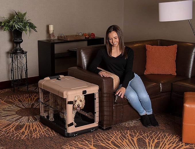 Pet Gear “The Other Door” 4 Door Steel Crate for Dogs/Cats with Garage-Style Door, Includes Plush Bed + Travel Bag, No Tools Required, New Tan, 27 Inch