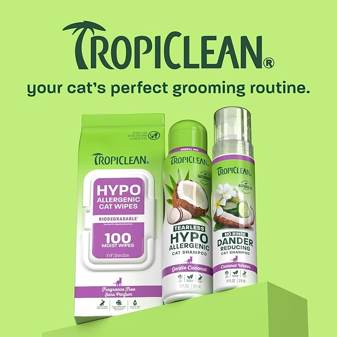 TropiClean Hypoallergenic Cat Wipes, Unscented, Essential Cat Grooming Supplies, Kitten Safe, Grooming Wipes for Cleaning Fur, Made in USA, 100ct