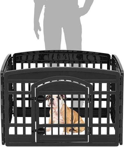 IRIS USA Dog Playpen with Door, 24” 4 Panel Pet Exercise Pen – Indoor Outdoor Puppy Play Pen, Portable Plastic Pet Fence for Small Medium Dogs, Foldable 35” x 35” x 24”, Black