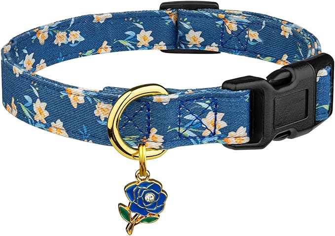 Cotton Handmade Dog Collar Cute and Distinctive Patterns Blue Tulip with Pendant for Girl Boy Dogs Collars S