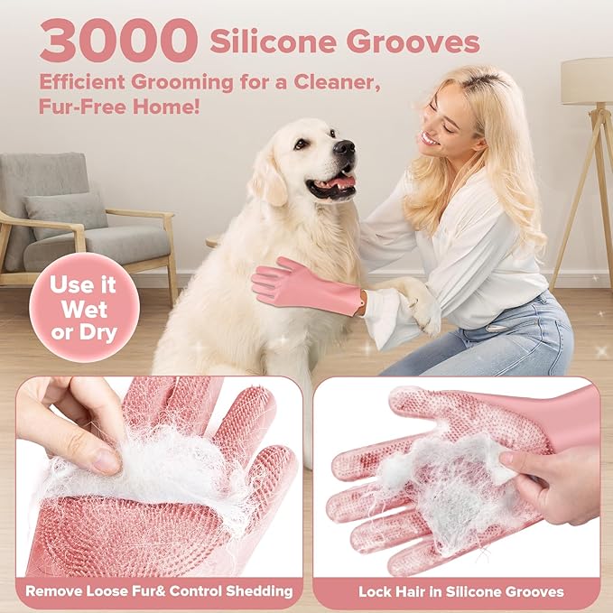 Augwind 6PCS Pet Grooming Kit for Dogs,Cats and Horses | Dog Washing Gloves | Dog Bath Brush | Dog Bath Gloves | Dog Shampoo Brush | Pet Grooming Gloves | Dog Bath Supplies (Light Pink)