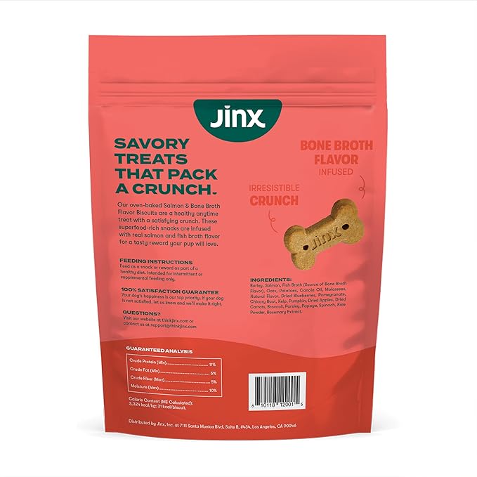 Jinx Oven-Baked Salmon Bone Broth Biscuit Dog Treats - Crunchy, All Natural, Superfood-Rich with High-Protein Salmon, Dog Biscuits for Puppies, Adults & Seniors - 16oz (Pack of 2)