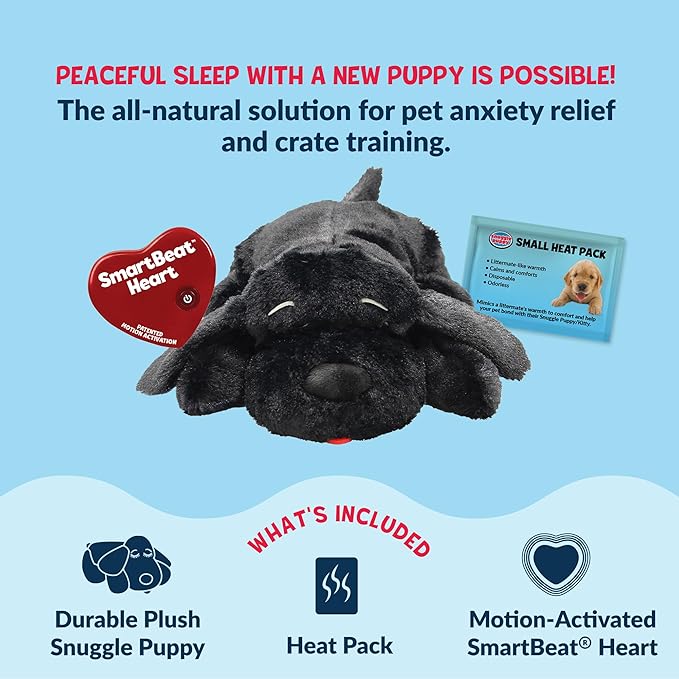 Snuggle Puppy Original Junior Heartbeat Puppy Toy for Small Breeds, Compact Plush Dog Toy with Real-Feel Pulse for Crate Time and Rest - Black