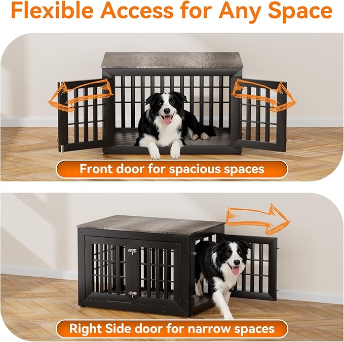 Snuowu 38" Heavy Duty Dog Crate Furniture for Small,Medium and Large Dogs,Rustic Wooden Dog Cage Kennel Indoor Furniture with Waterproof Top,Decorative Pet House Side End Table (Black & Grey)