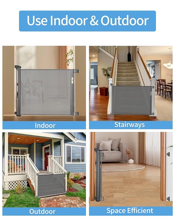 Veraste Retractable Baby Gate for Doorways and Stairs, Mesh Safety Gate for Pet, Indoor & Outdoor Use, One-Hand Operation, Easy Installation, 33.6" Tall, Expands to 55" Wide（Grey,33.6"x55"