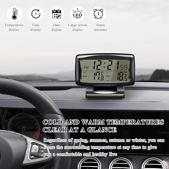 Car Digital Thermometer Clock, 2 in 1 Easy to Read Car Indoor Outdoor Thermometer with LCD Backlight, Vehicle Luminous Clock & Temperature Meter, Car Internal Accessories