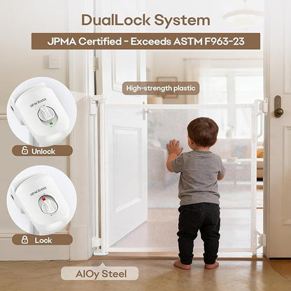 SPACEANY Retractable Safety Baby Gate or Mesh Dog Gate,Durable Portable Mesh Retractable Gate,Easy to Use for Stairs, Doorways, Hallways, Indoor, Outdoor, 33.5" Tall, Up to 45" Wide, White