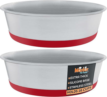 Master Pet Supply Stainless Steel Dog Bowls Set of 2 with Extra Thick Silicone Base - 16 Cup (128 oz) Crimson Red, Non-Slip, Dishwasher Safe Metal Bowls, Pet Dog Food Bowl for Dogs, Cats, Anti Rust