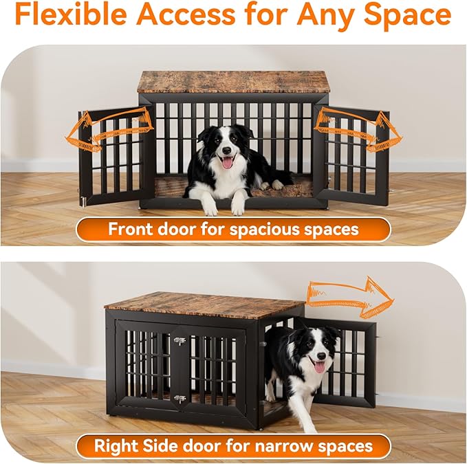 Snuowu 38" Heavy Duty Dog Crate Furniture for Small,Medium and Large Dogs,Rustic Wooden Dog Cage Kennel Indoor Furniture with Waterproof Top,Decorative Pet House Side End Table (Black & Wood)