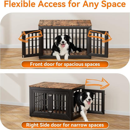 Snuowu 38" Heavy Duty Dog Crate Furniture for Small,Medium and Large Dogs,Rustic Wooden Dog Cage Kennel Indoor Furniture with Waterproof Top,Decorative Pet House Side End Table (Black & Wood)