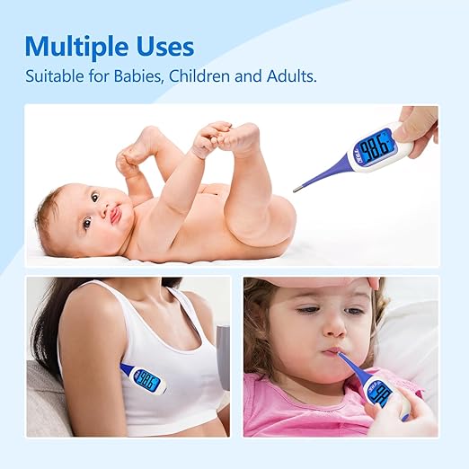 FDK Large LCD Screen Digital Thermometer for Fever, 8 Seconds Fast & Accurate Readings, Large LCD Dual Color Backlight Flexible Tip Ideal for Adults Kids and Babies FSA