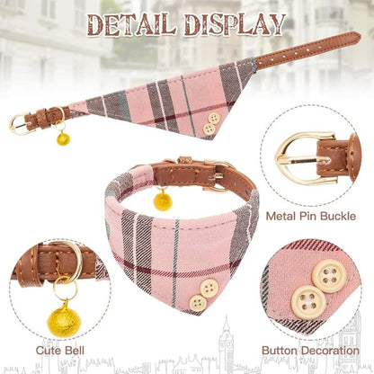 EXPAWLORER Dog Collar and Leash Set - Classic Plaid Dog Bow Tie and Bandana Collar with Bell, Dog Leash Tangle Free, Adjustable Collars for Puppy Small Dogs and Cats, Holiday Ideal Gift, Pink XS