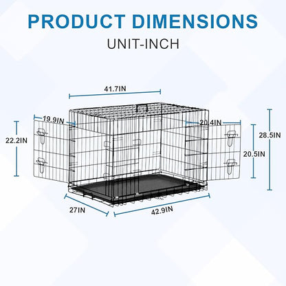 42 Inch Large Dog Crate Dog Kennel Pet Cage Metal Wire Crates Pet Cages Double-Door Folding Kennels with Handle Leak-Proof Pan Tray,Black