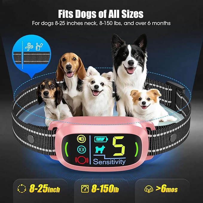 Smart AI Bark Collar for Large Medium Small Dogs, Anti Barking Device with 5 Training Modes, Exclusive Forced Bark-Stopping, Rechargeable IP67 Waterproof Bark Collar with 5 Sensitivity (Pink)
