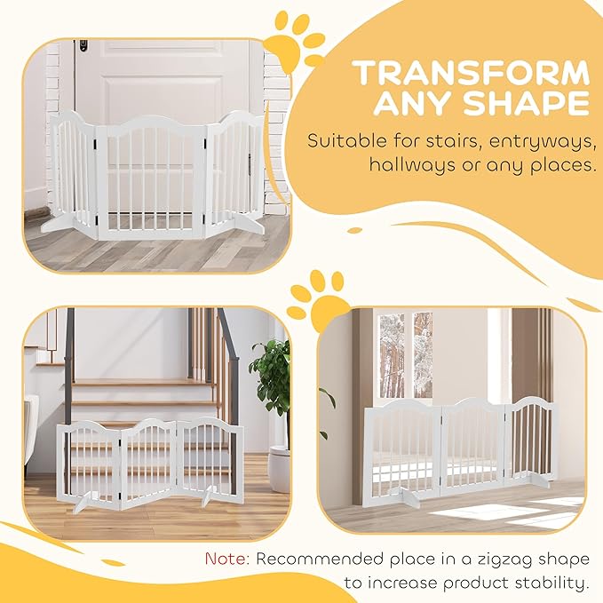PawHut Freestanding Pet Gate for Dogs 24" Tall Foldable Dog Gates Indoor Wooden Barrier 3 Panels with 2 Support Feet, for Doorway Stairs, White