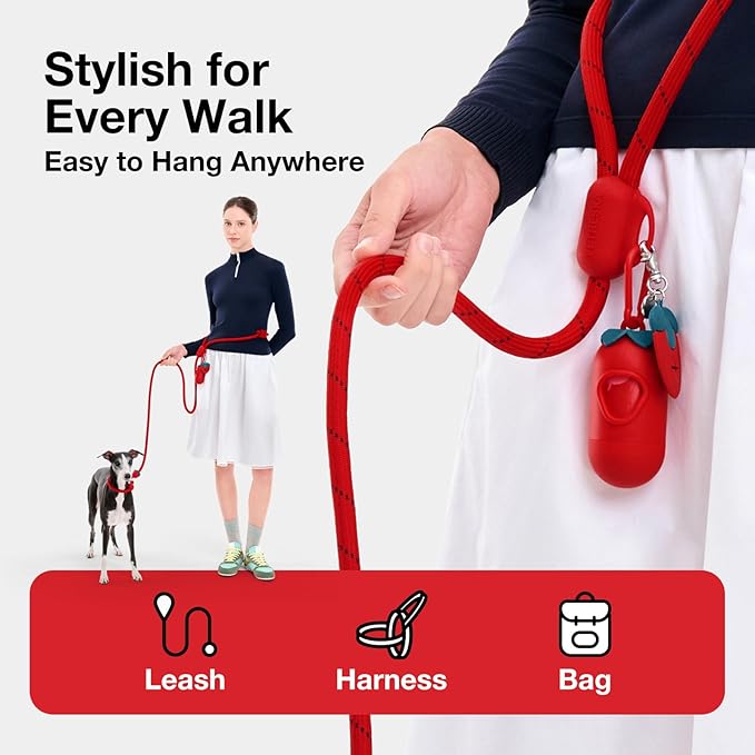 VETRESKA Dog Poop Bag Dispenser with Strawberry Scented Bags, Leak Proof, Extra Thick and Large Pet Waste Bags,1 Count Bag Holder and 105 Bags (7 Refill Rolls) for Walking Dog and Cats Litter, Red