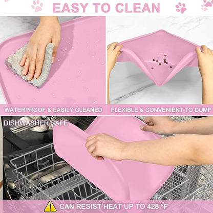 Smilool Silicone Pet Food Mat with Raised Edge for Food and Water Bowl, Dog Feeding Mats, Cat Food Trays for Floor Waterproof, Rubber Tray for Dogs and Cats, 19 x 12 x 0.7 Pink