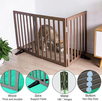 Dog Gate Indoor, Freestanding Dog Fence for The House, Doorways, Hallways,or Stairs,Pet Gate Foldable Wooden,Expandable 32" Height 3 Panels,Brown