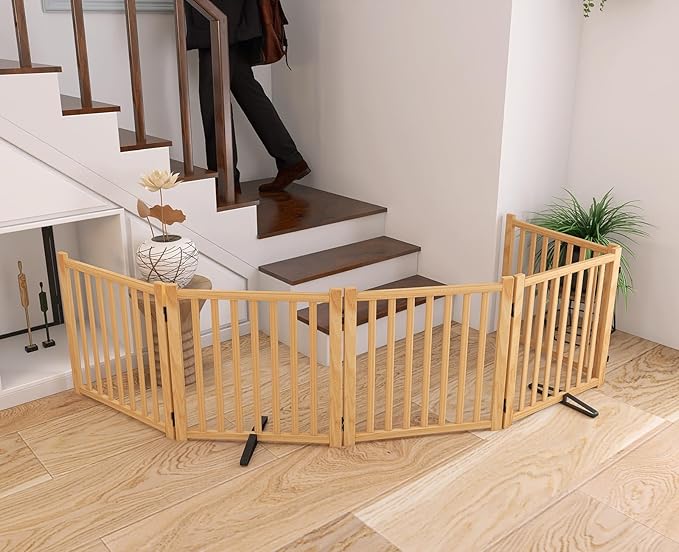 YOCAN Paint-Free Wooden Freestanding Dog Gates for The House, Doorways, Stairs,Wood Pet Fences Indoor Pet Gate,Step Over Fence-5 Panels L:115" H:23"