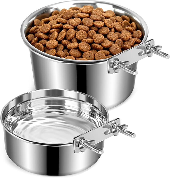 2 Pack Dog Crate Water Bowl No Spill, Stainless Steel Dog Bowls for Food and Water, Pet Kennel Hanging Dogs Food Bowls for Medium/Large Dogs and Cats (7.1"x3.7" & 6.3"*2.6", Silver)