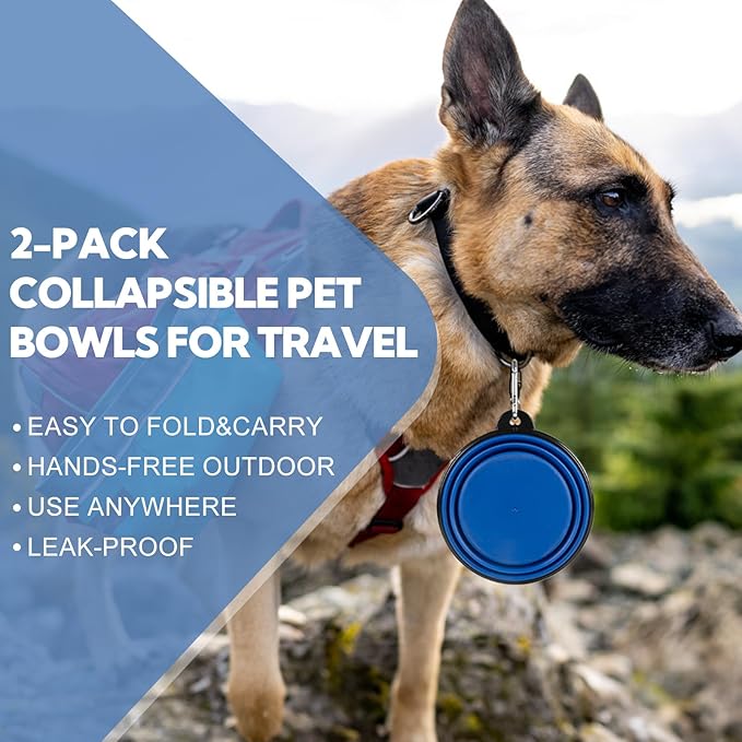 Collapsible Dog Bowls for Travel, 2-Pack Dog Portable Water Bowl for Dogs Cats Pet Foldable Feeding Watering Dish for Parking Camping Walking with 2 Carabiners Clip (12oz, Small, Blue+Green)