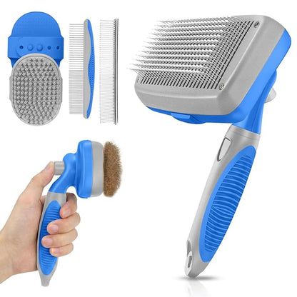 Self Cleaning Shedding Brush - 5-in-1 Professional Pet Grooming Kit Skin Friendly Grooming Tool for Dogs, Cats, and Puppies, Deshedding and Hair Removal for Long and Short Haired Pets（Blue-Grey）