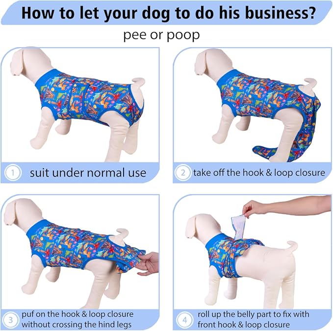 PetWarm Dog Recovery Substitute E-Collar Cone, Onesie for Dogs, Anti-Licking Dog Surgical Recovery Pajamas, Bodysuit for Abdominal Affected Areas Sensitive Skin Areas, Zoo Pattern, Blue, L