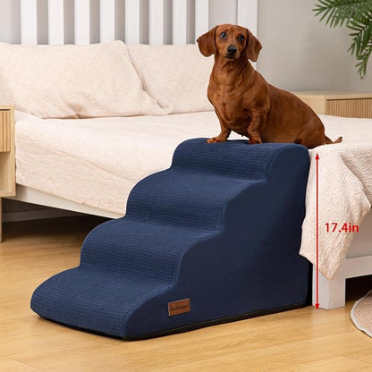Aodisman 4-Step Dog Stairs and Ramp for Beds or Couches,Non-Slip Sturdy Pet Steps for Small Dogs and Cats,17.4" H,Blue