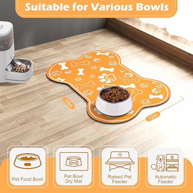 Dog Cat Mat for Food and Water,Rapid Absorbent Pet Feeding Mat, Bone Shaped Dog Placemat Bowl Mat with Rubber Backing,No Stains Pet Food Mats Indoor, Pet Accessories Supplies,Orange 12"×18"