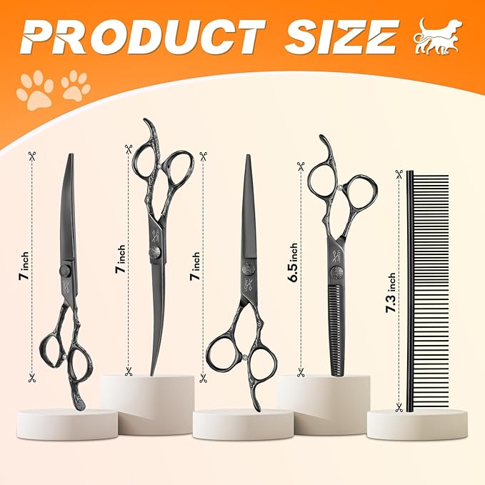 JASON Dog Grooming Scissors Set Professional 6 in 1 Dog Shears Kit - 6.5" Thinning, 7" Straight, 7" Up-Curved, 7" Down-curved Shears and Comb for Cat Pet with Adjustable Screw (Black) Christmas