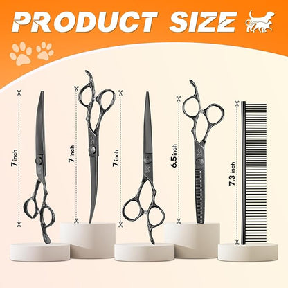 JASON Dog Grooming Scissors Set Professional 6 in 1 Dog Shears Kit - 6.5" Thinning, 7" Straight, 7" Up-Curved, 7" Down-curved Shears and Comb for Cat Pet with Adjustable Screw (Black) Christmas