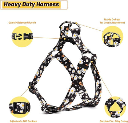 QQPETS Dog Harness Leash Set Adjustable Heavy Duty No Pull Halter Harnesses for Small Medium Large Breed Dogs Back Clip Anti-Twist Perfect for Walking (M(19"-26" Chest Girth), White Daisy)
