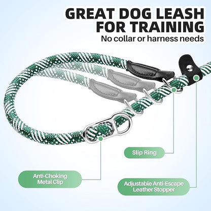 SlowTon Slip Lead for Dogs - Hands Free No Tangle Adjustable 5-7 FT 1/2” Rope, Heavy Duty Nylon Leash for Large Medium Dogs that Pull, No Pull Training Slip Leashes, 20-120lb, Green