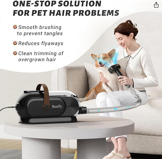 Bunfly Dog Grooming Kit with 13000kpa Strong Grooming & Vacuum Suction 99% Pet Hair,3L Capacity,11 Grooming Tools Dogs Cats and Other Animals,Home and Car Cleaning -Black