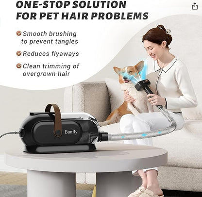 Bunfly Dog Grooming Kit with 13000kpa Strong Grooming & Vacuum Suction 99% Pet Hair,3L Capacity,11 Grooming Tools Dogs Cats and Other Animals,Home and Car Cleaning -Black